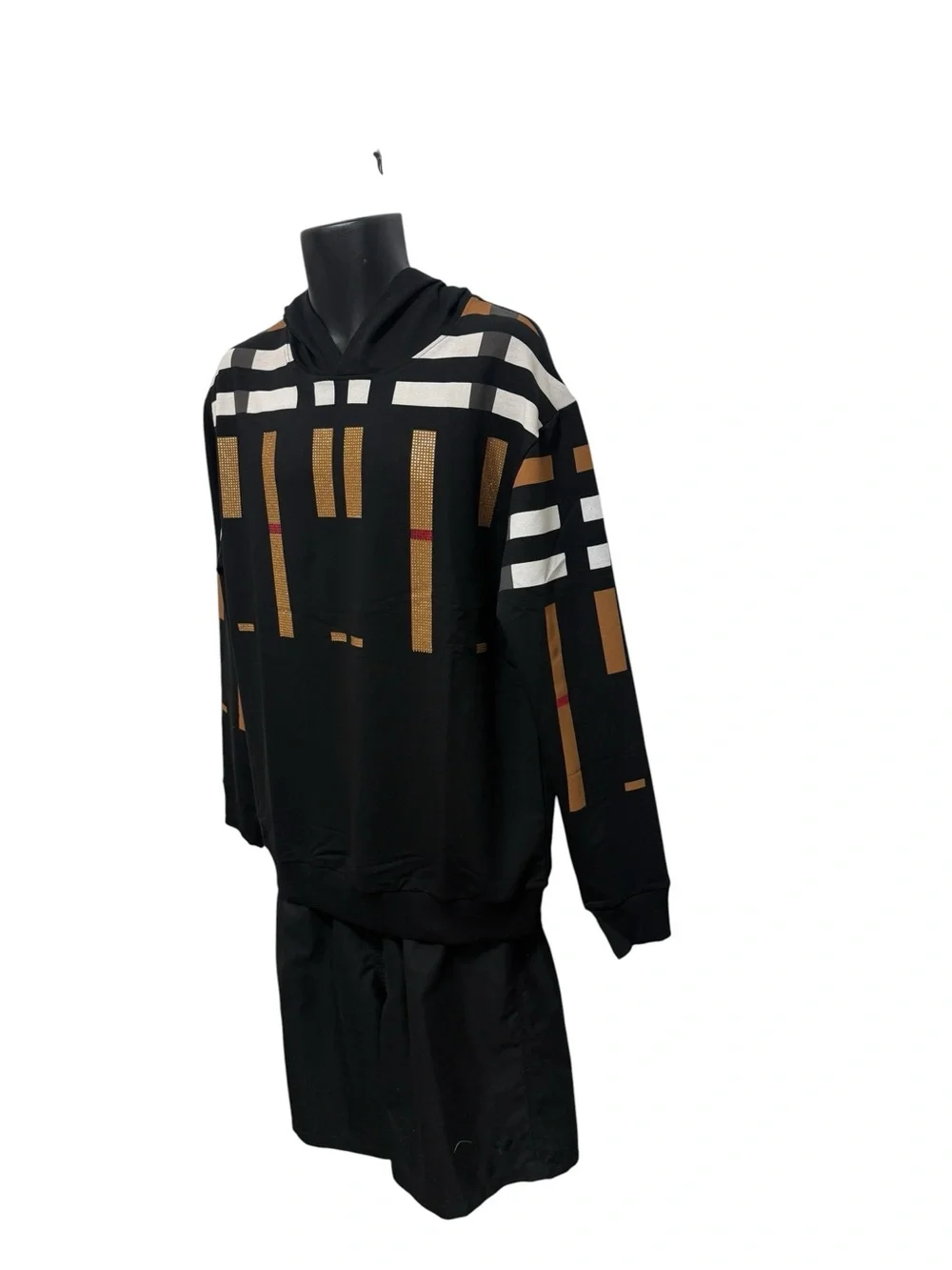 LAVERITA Black Hoodie with Geometric Tan, White & Red Block Pattern. new. large